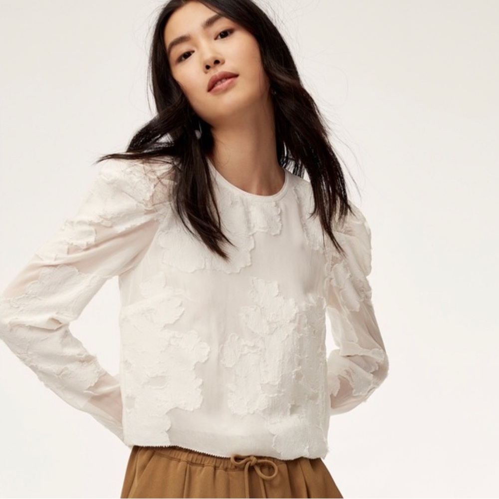 Aritzia White Floral Appliqué Long-Sleeve Blouse